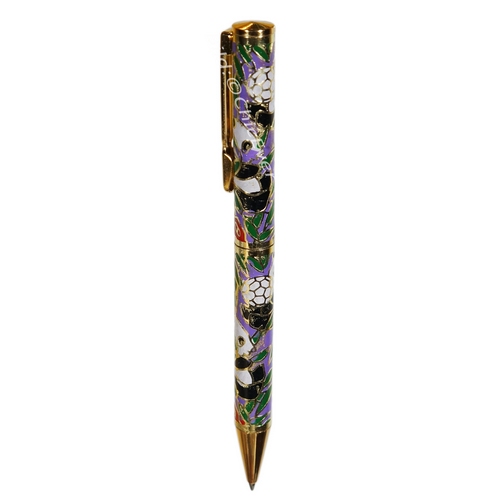 Kugelschreiber Cloisonne Emaille Pandabär & Fussball lila violett grün gold 5399e